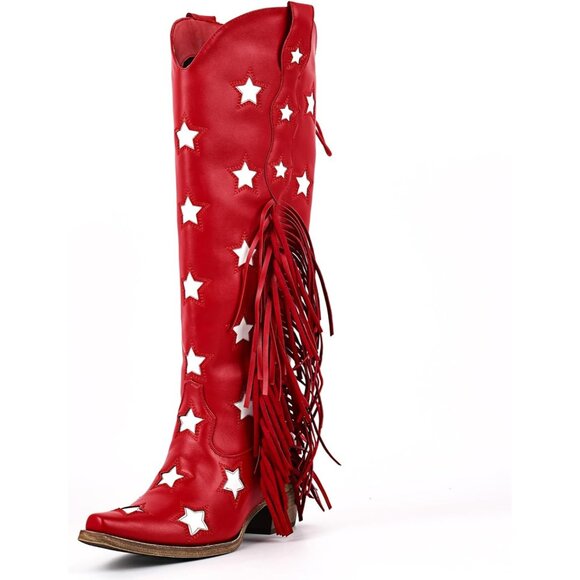 Women Red Star Synthetic Fringe Thigh High Tassel Wide Over Knee Pointed Boot - Picture 4 of 6